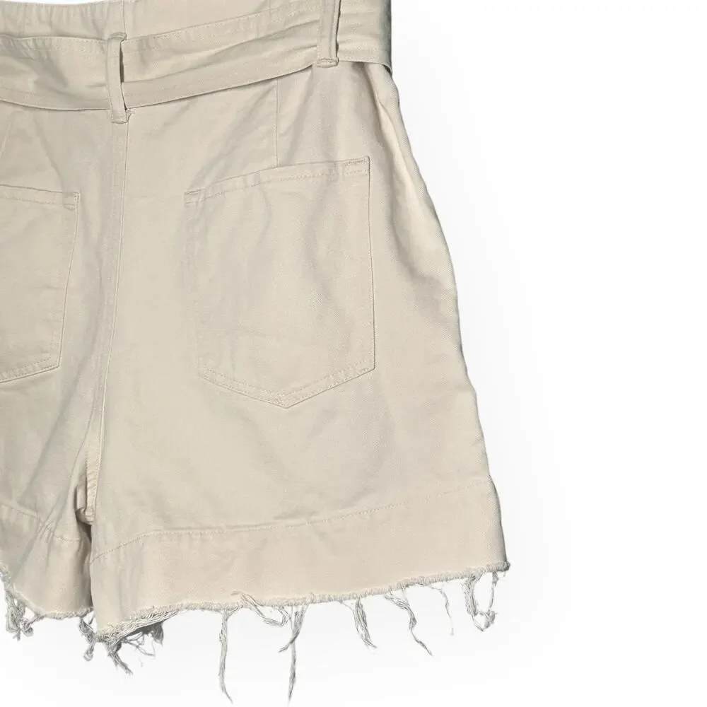 ALLSAINTS Cala Paperbag Belted Shorts Pleated Frayed Hem Beige Ivory High Rise